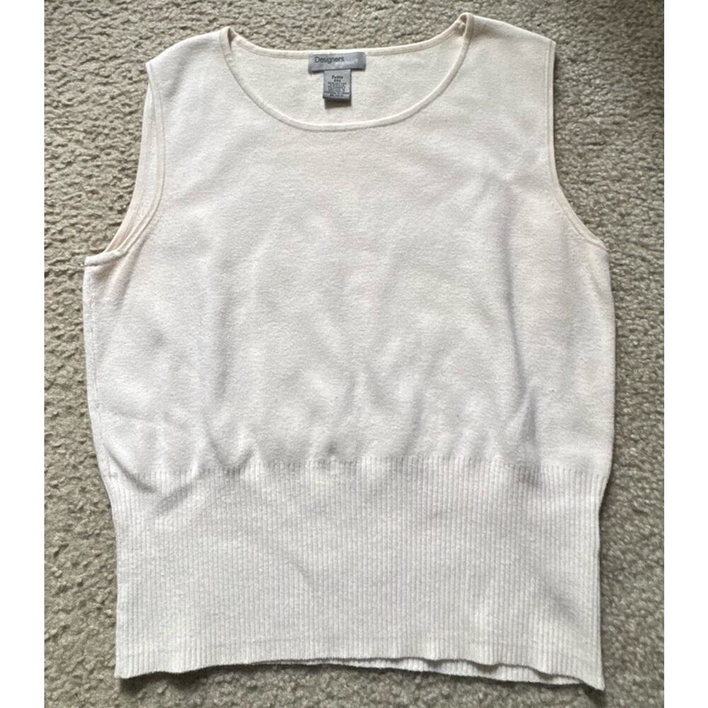 Designers Original Petite PM Ivory Sleeveless Knit Sweater Vest Cotton Blend